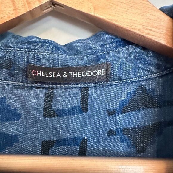 Chelsea & Theodore Aztec Chambray Tencel Shift Shirt Dress Womens Medium Blue - Picture 3 of 8